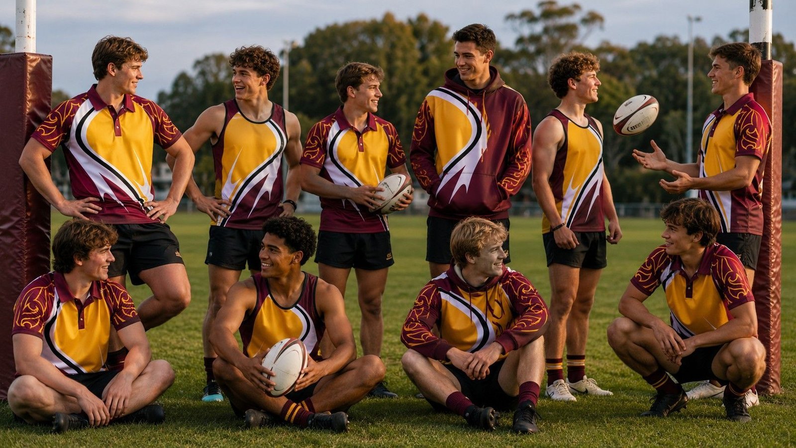 Rugby team in custom maroon and gold jerseys